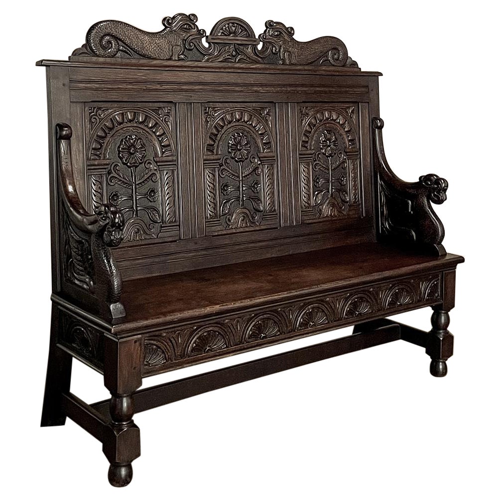 19th Century English Renaissance Carved Hall Bench by Baker of Somerset