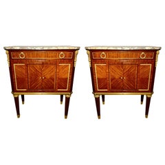 Pair Antique French Gold Bronze Mounted Mahogany Marble Top Commodes, circa 1880