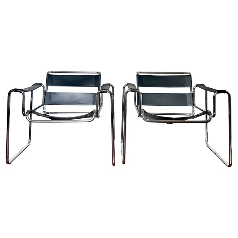 Original Pair of MidCentury Modern Chrome Black Leather Wassily Style Chairs For Sale at 1stDibs