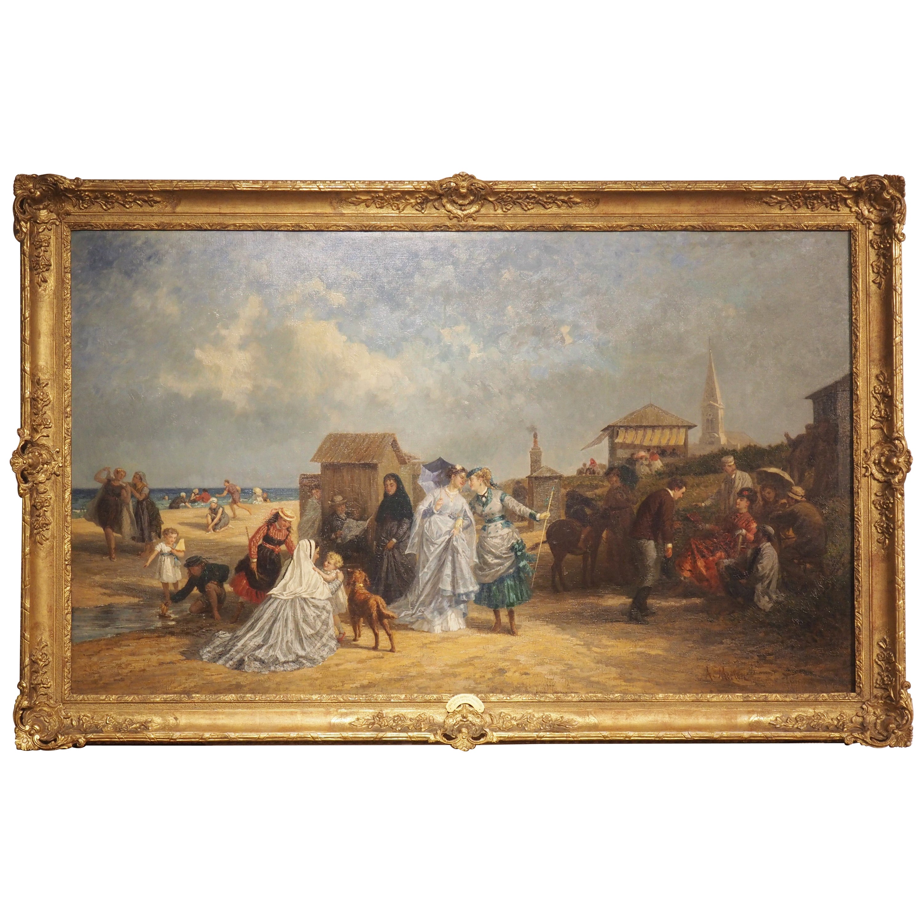 French Oil on Canvas, on the Beach at Trouville, Paul-Emile Morlon, circa 1870 For Sale