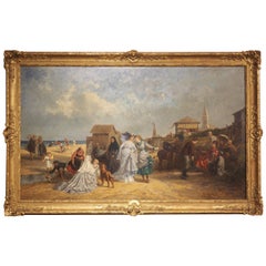 Óleo francés sobre lienzo, En la playa de Trouville, Paul-Emile Morlon, hacia 1870