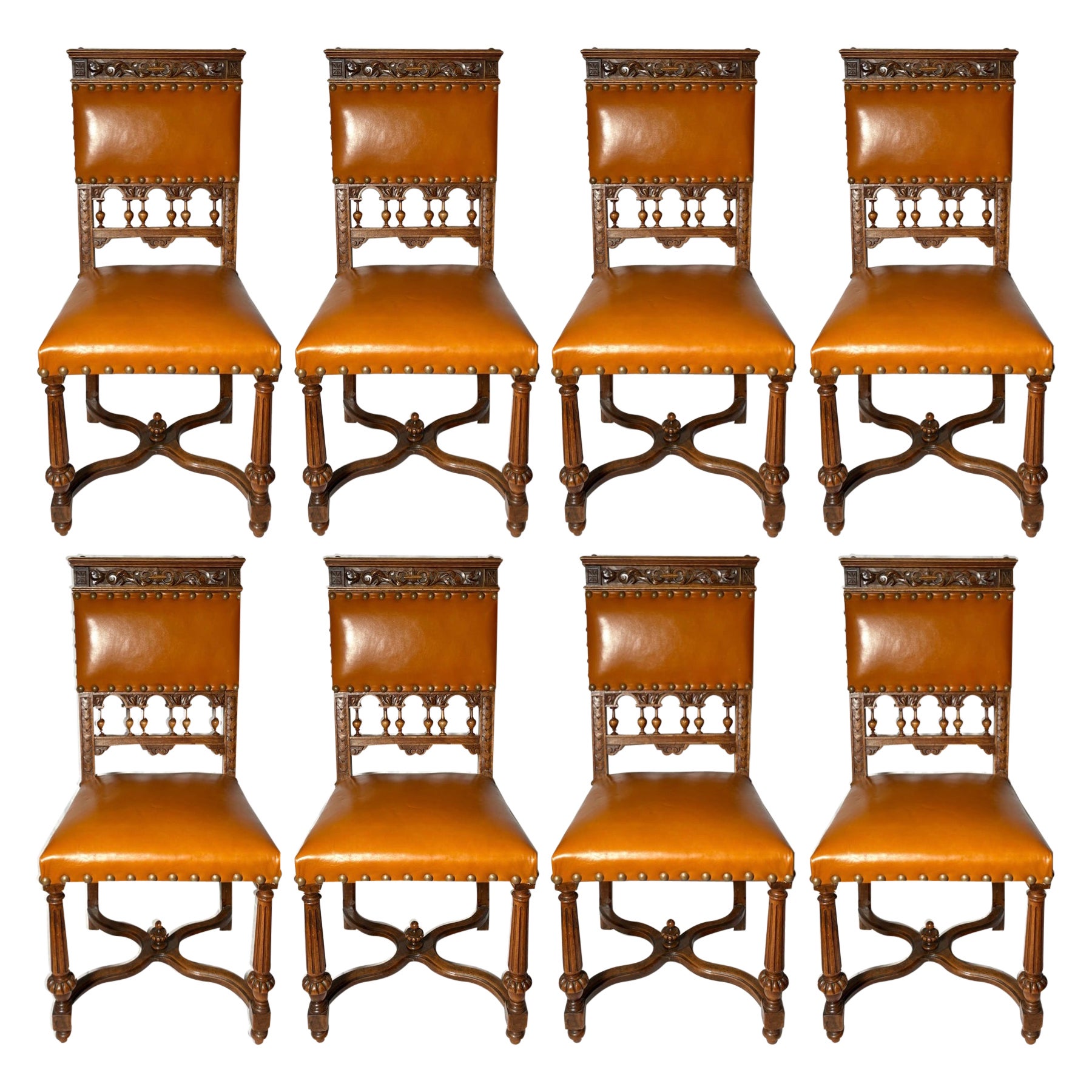 Ensemble de 8 chaises de salle à manger françaises anciennes en noyer « François Premier », vers 1880.