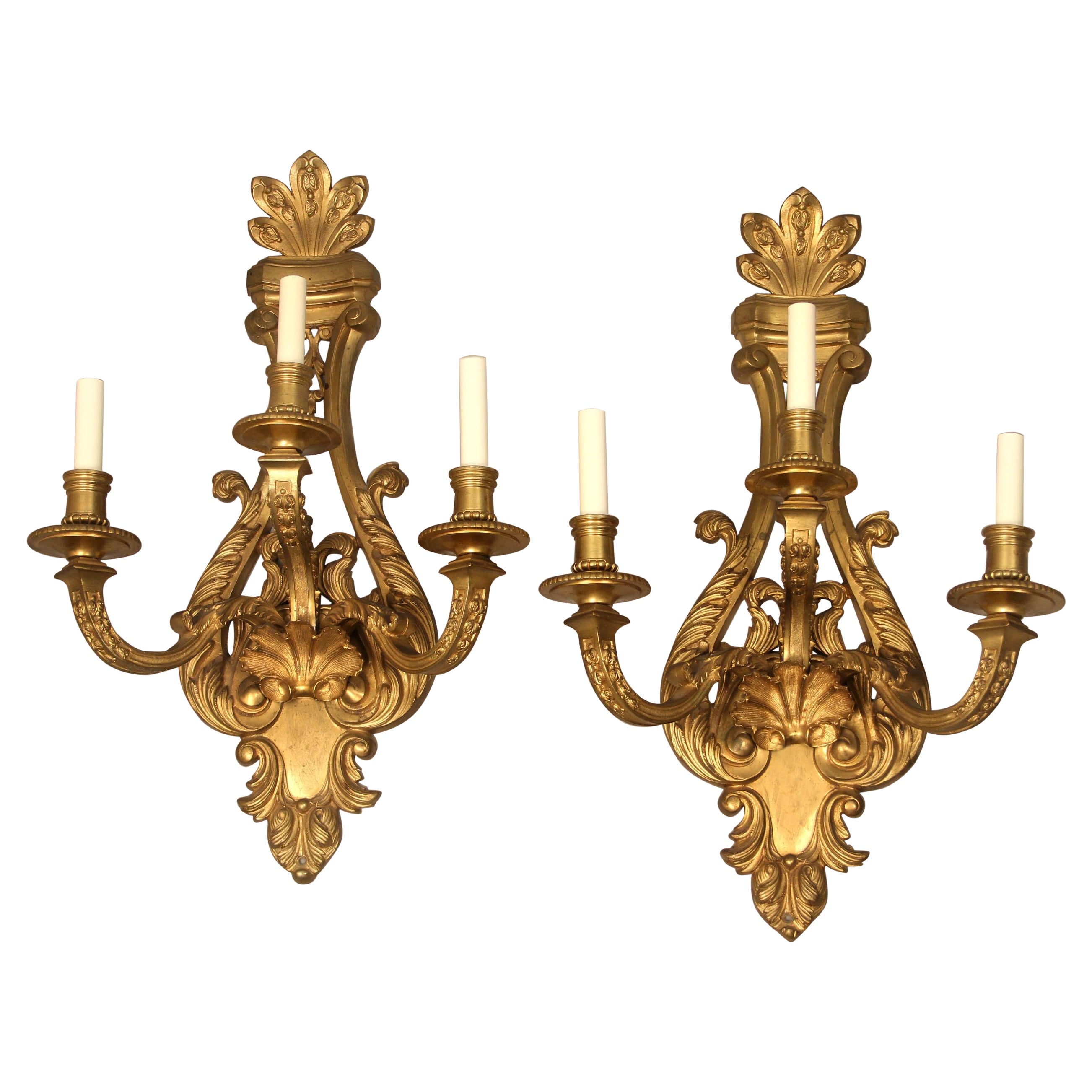 Pair of Late 19th Century Gilt Bronze Three Light Sconces For Sale