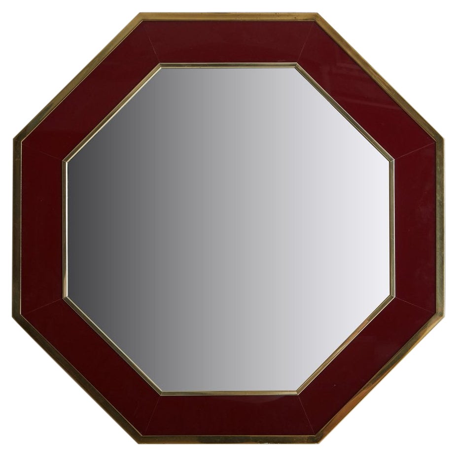 Hexagonal Lacquered Burgundy + Brass Mirror, France, 1970s