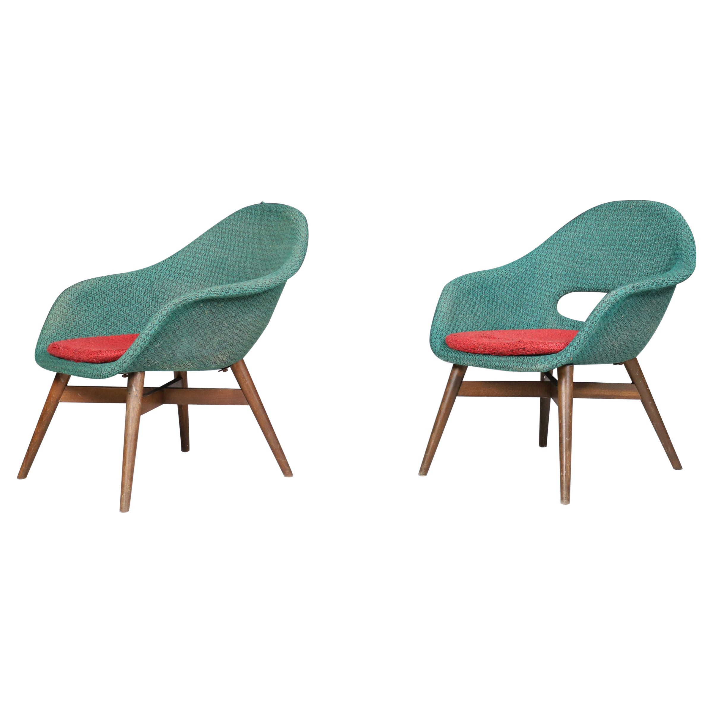 Miroslav Navratil Easy Chairs in Original Green & Red Fabric, 1960