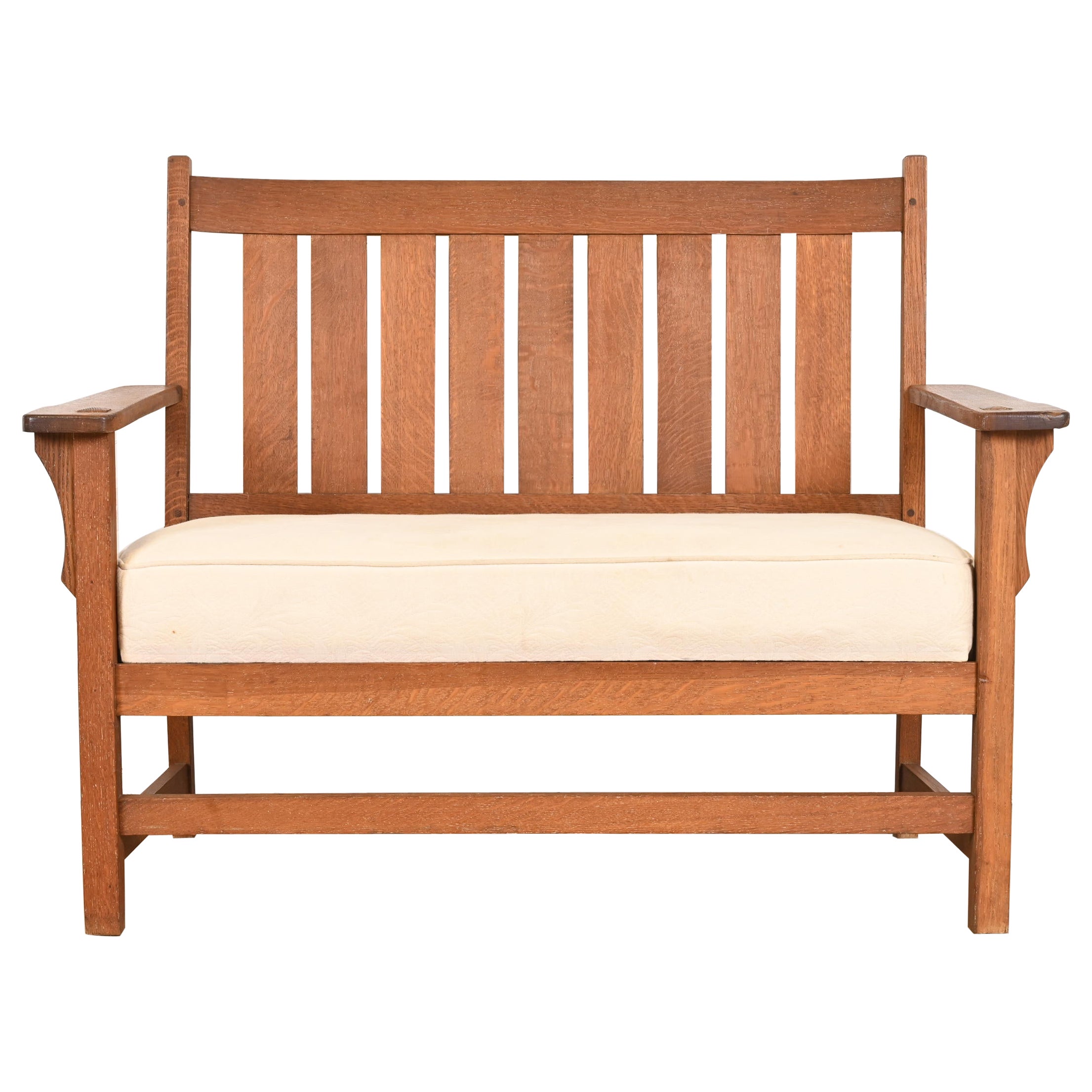 Gustav Stickley Style Mission Oak Arts & Crafts Open Arm Settee or Loveseat For Sale