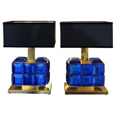 Vintage Pair of Blue Sapphire Murano Glass Jewel Table Lamps with Black Lampshade, 1980s