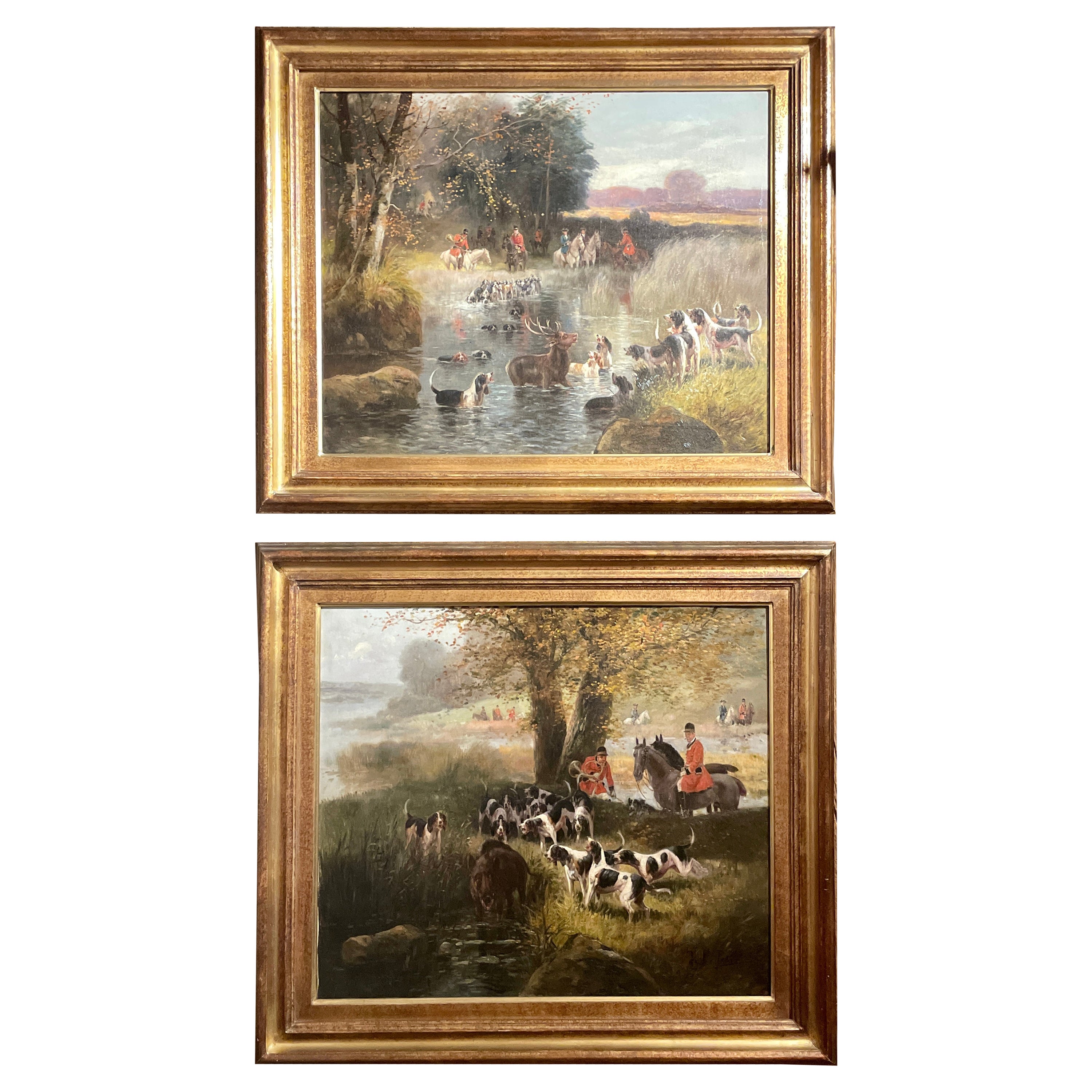 Pair Antique English "J.L. Petit" '1801-1868' Oil on Canvas "Hunting" Paintings For Sale