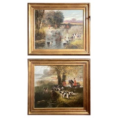 Pair Antique English "J.L. Petit" '1801-1868' Oil on Canvas "Hunting" Paintings