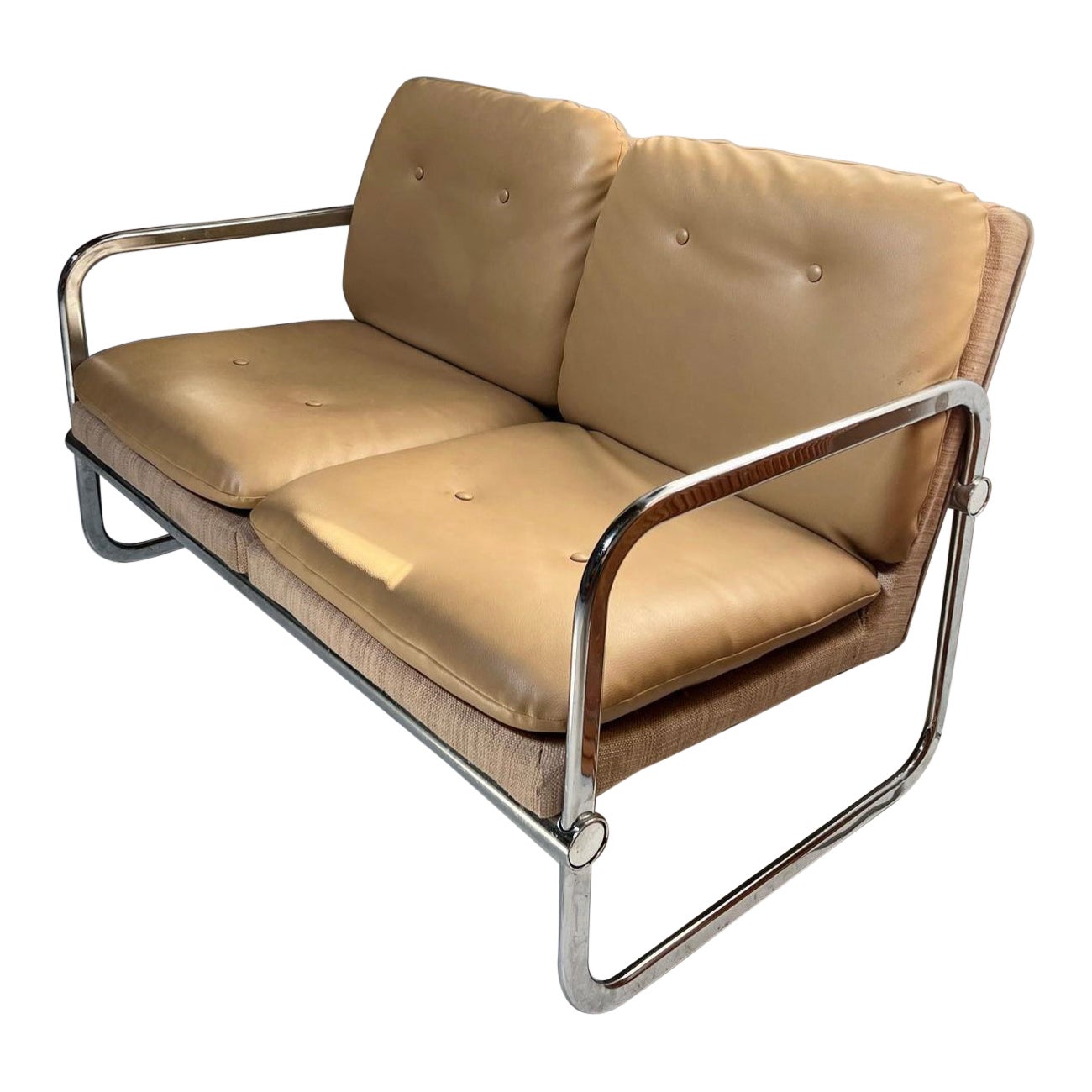 Vintage Mid-Century Bauhaus Tan Vinyl and Chrome Settee For Sale