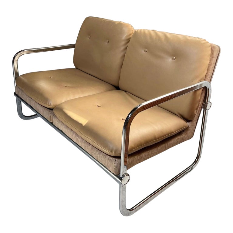 Vintage MidCentury Bauhaus Tan Vinyl and Chrome Settee For Sale at 1stDibs