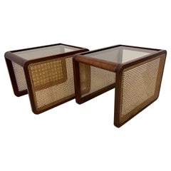 Wood and Rattan Side Tables with Smoked Glass Inset Tops, a Pair
