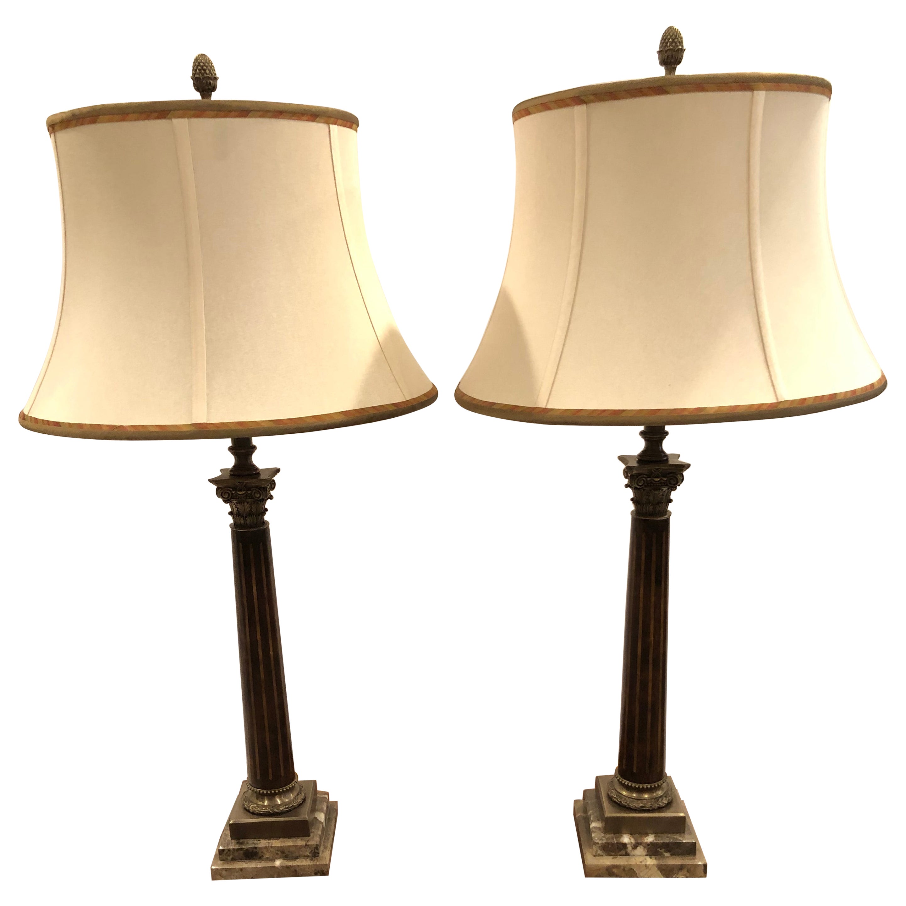 Handsome Pair of Theodore Alexander Burlwood Inlaid Column Table Lamps For Sale