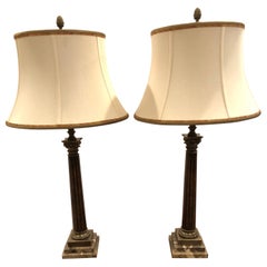 Handsome Pair of Theodore Alexander Burlwood Inlaid Column Table Lamps