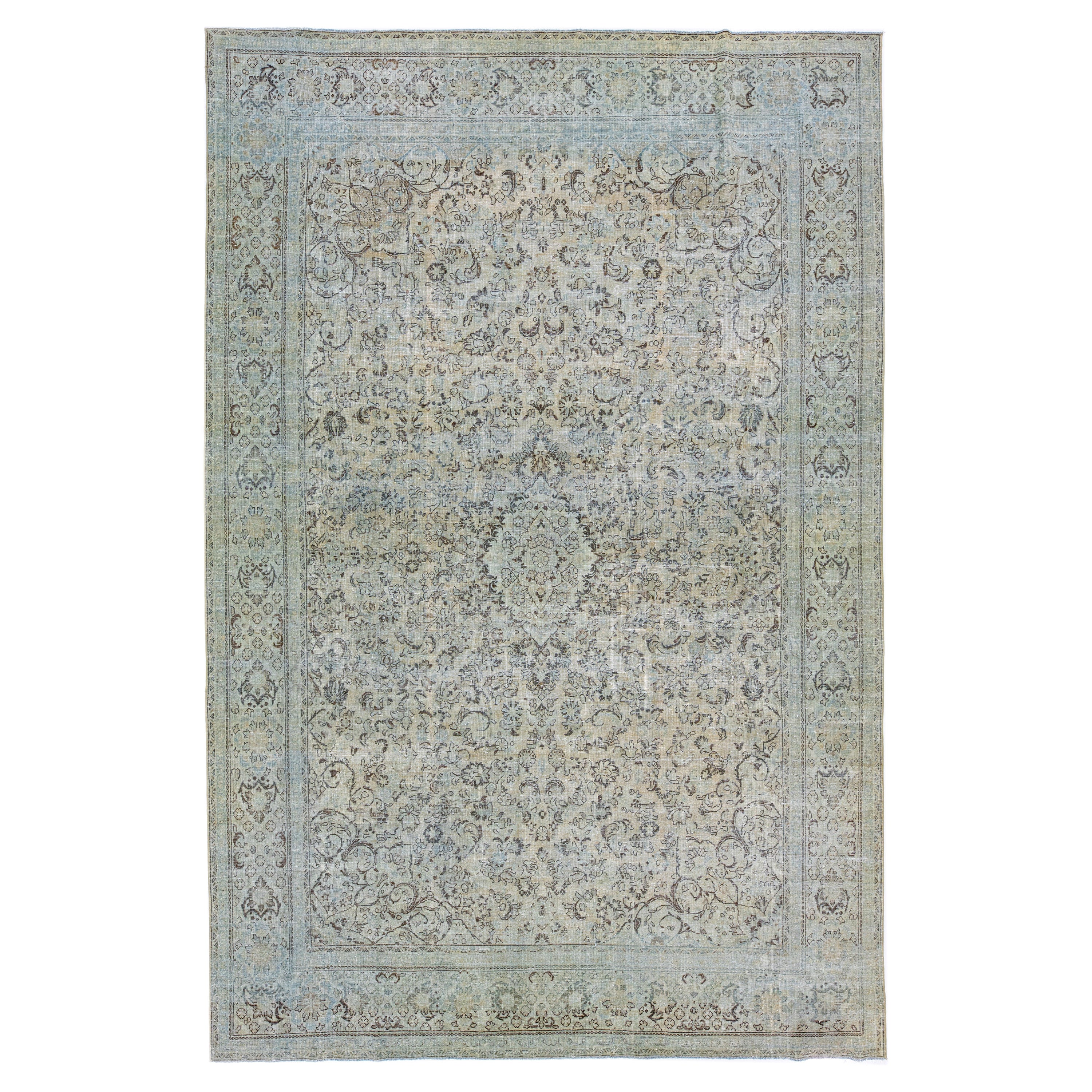 Handmade Vintage Persian Mahal Beige Wool Rug with Medallion Motif