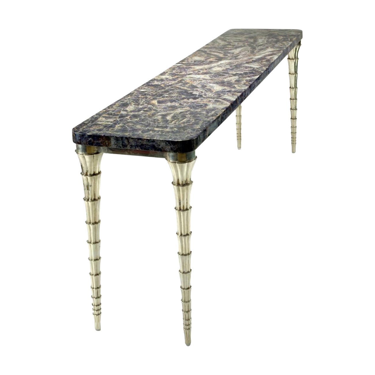 Table console longue et étroite en améthyste et bronze blanc, fabriquée à la main par Paul