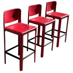 Matteo Grassi Stitched Red Leather Barstools, Set of 3
