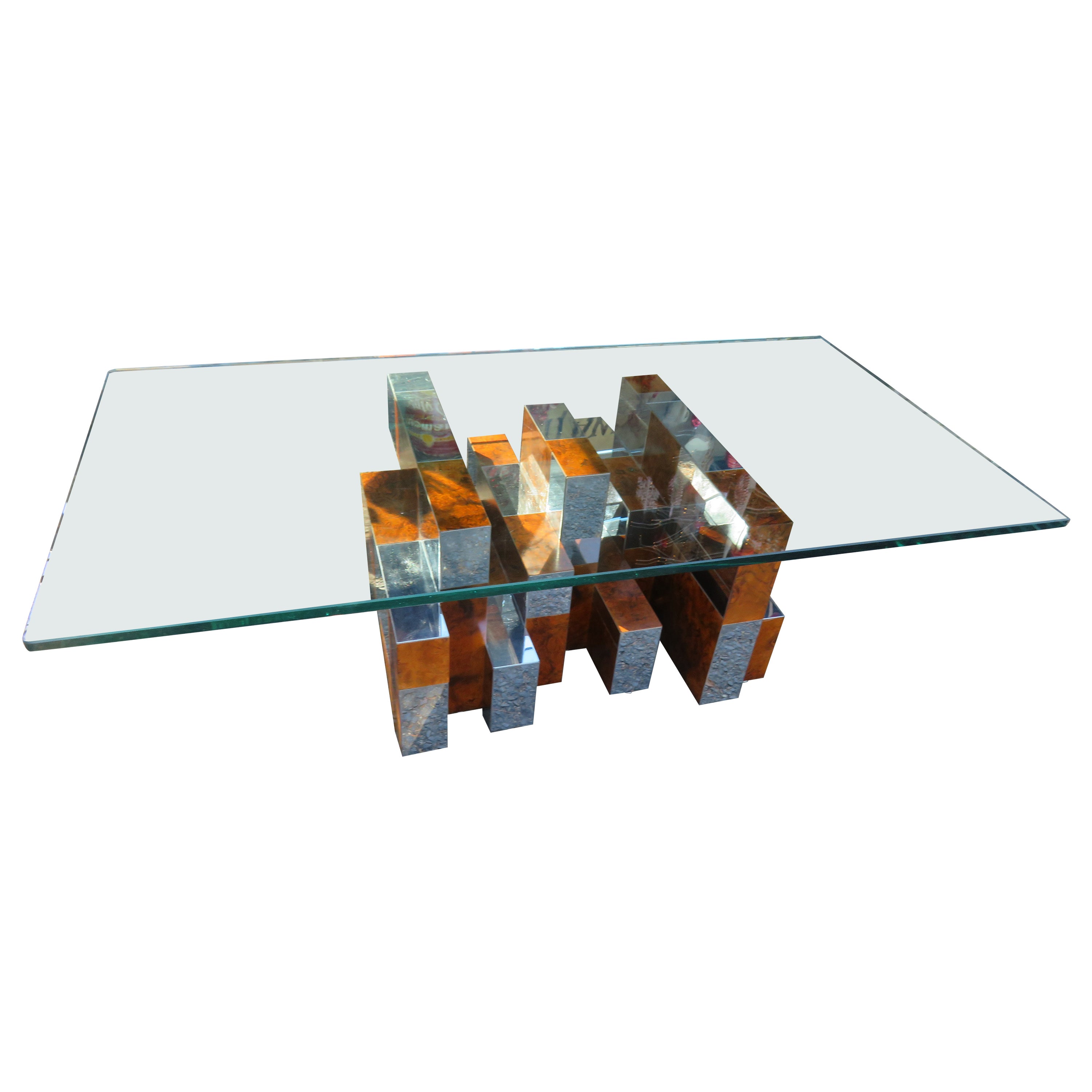 Superbe table basse urbaine directionnelle en broussin et chrome signée Paul Evans 