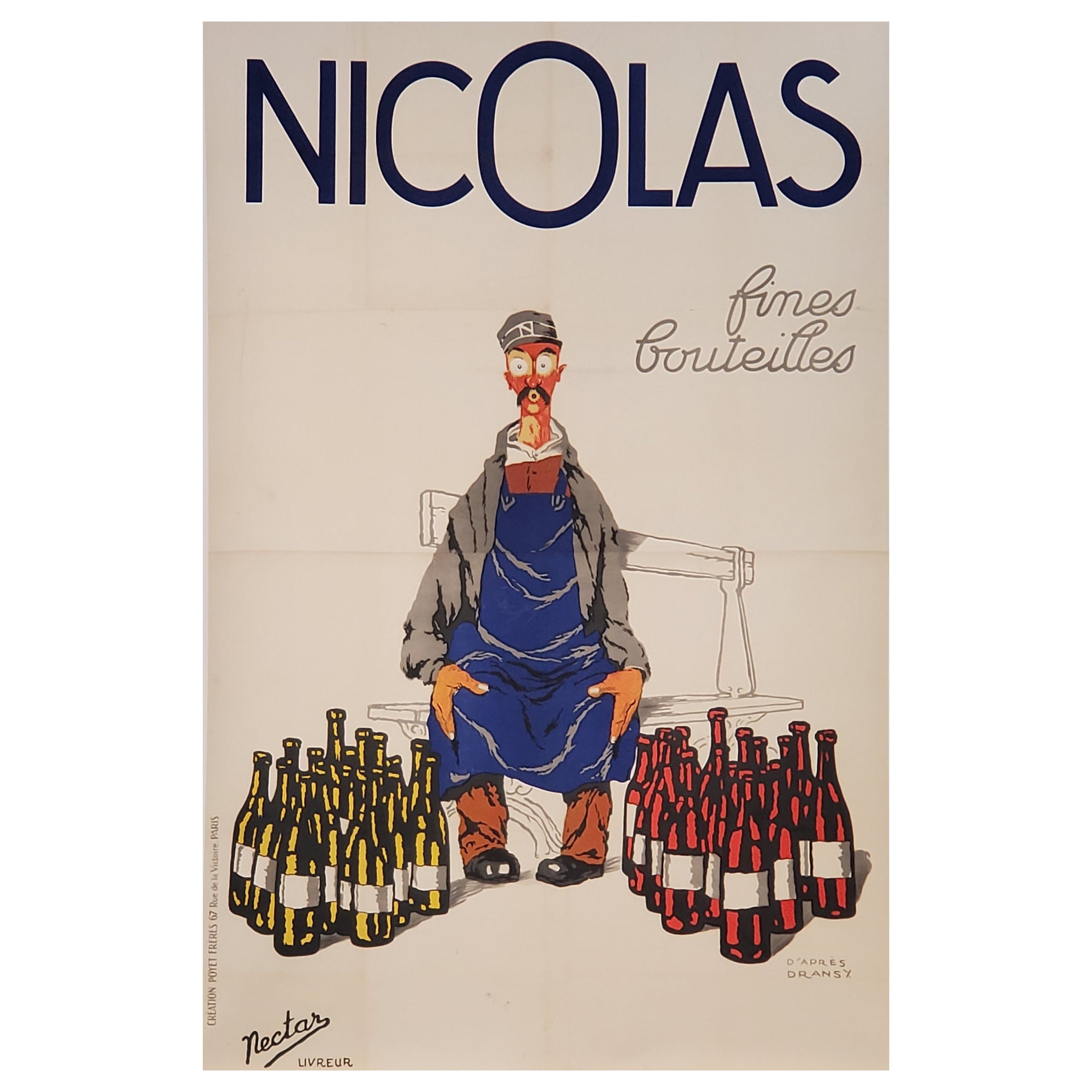 Rare affiche d'origine française sur le vin, « NICOLAS » par DRANSY, 1933