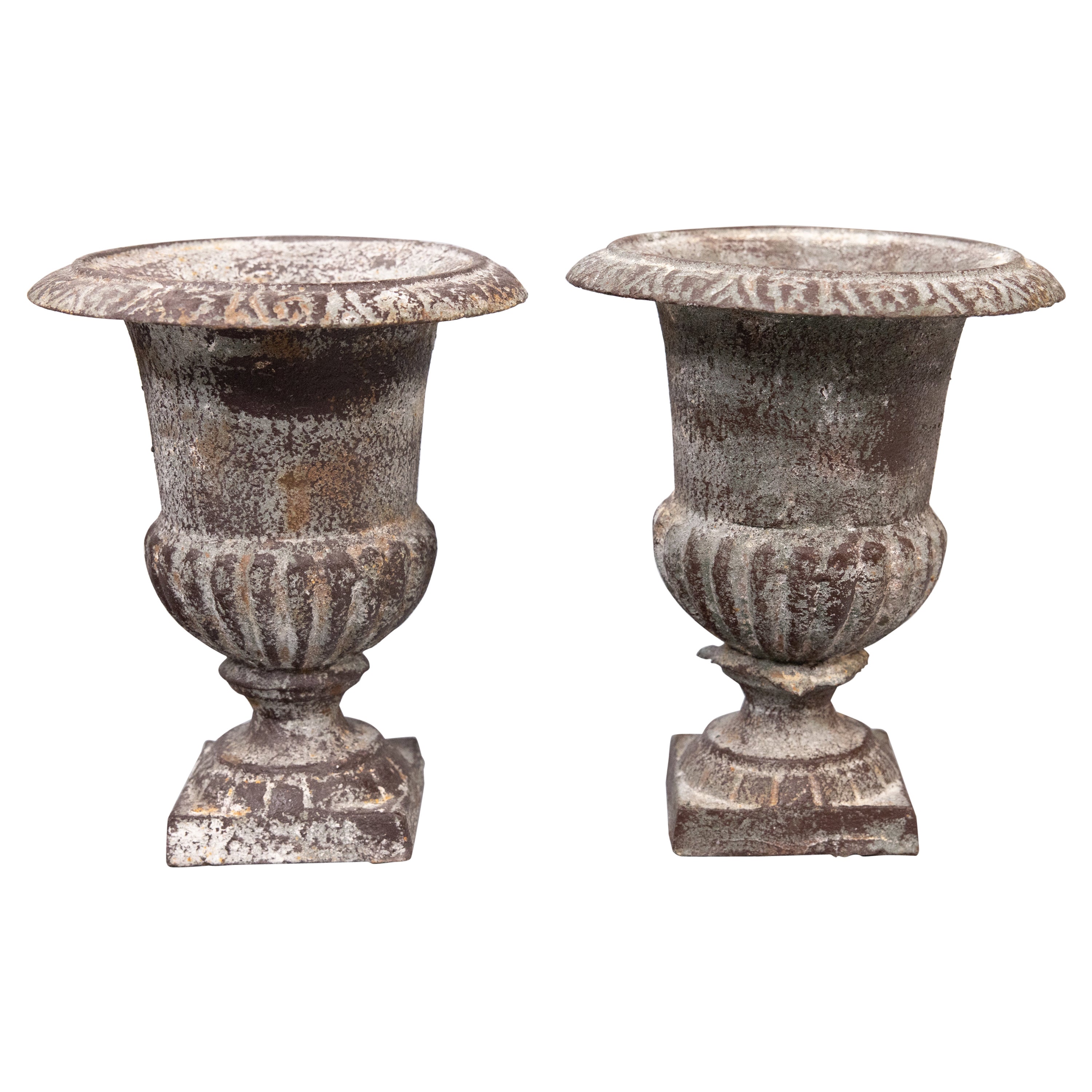 Paar antike französische kleine gusseiserne Urnen-Pflanzgefäße aus Gusseisen im Angebot