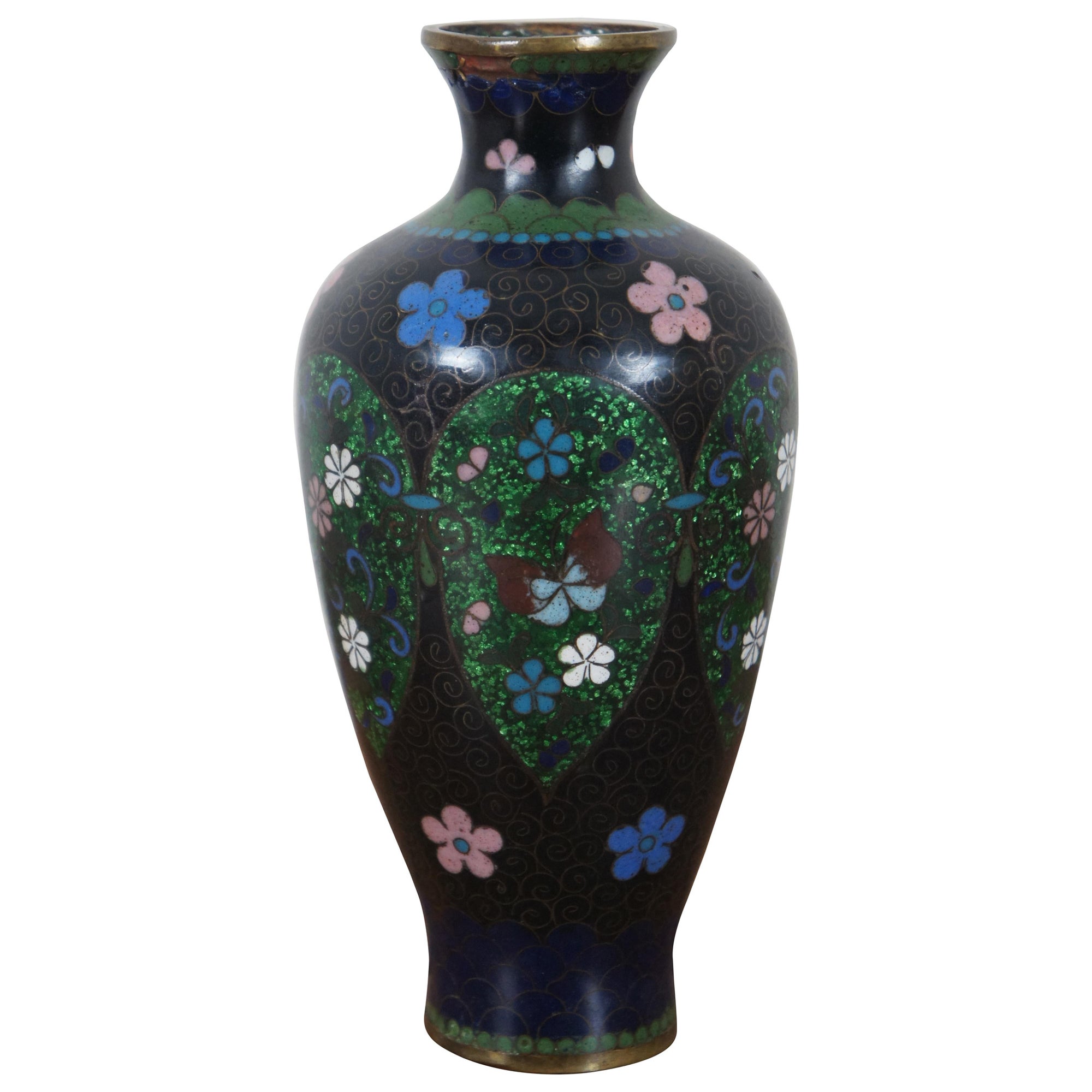 Antique Japanese Meiji Cloisonne Enamel Ginbari Floral Butterfly Bud Vase