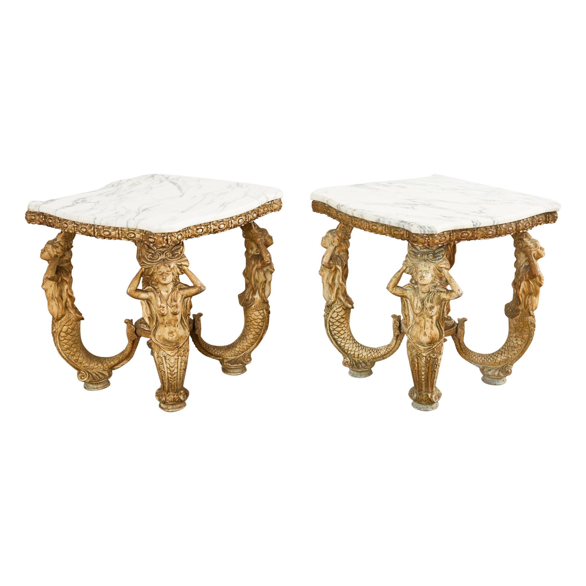 Pair of Venetian Grotto Style Marble Top Tables with Mermaids