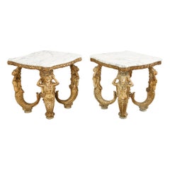 Vintage Pair of Venetian Grotto Style Marble Top Tables with Mermaids