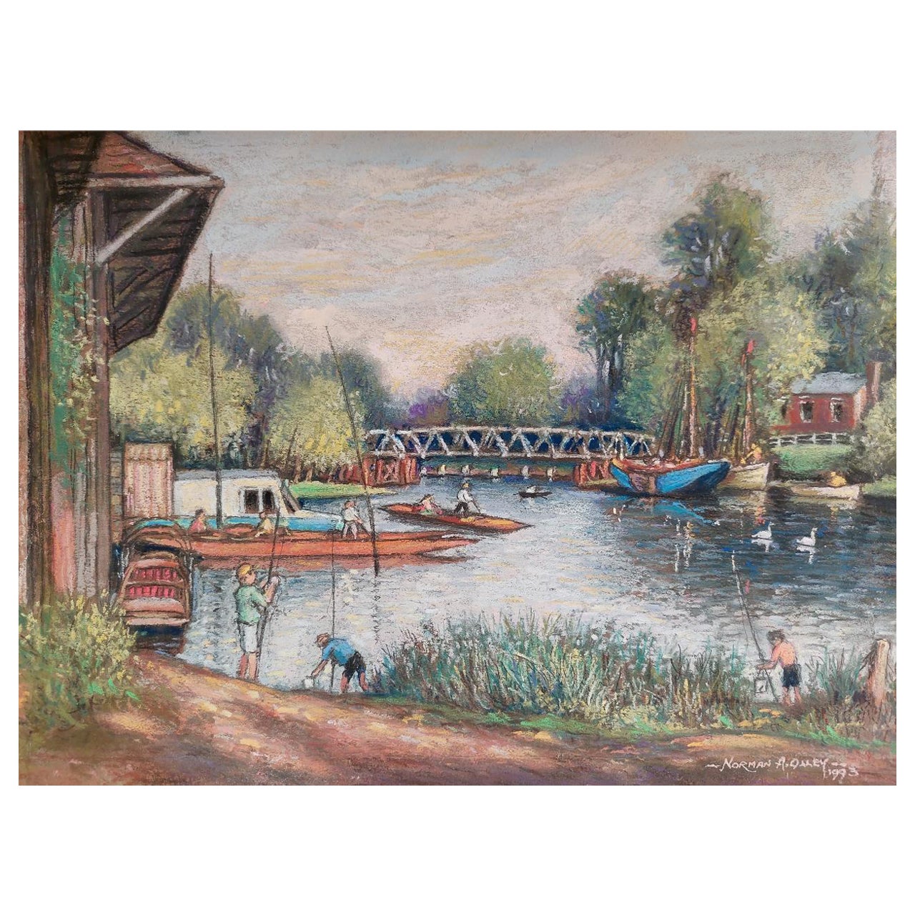 20th Century Traditional English Pastel Summer Evening by the Thames For Sale