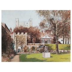 Peinture anglaise traditionnelle du 20ème siècle représentant une vue sur le château de Rochester, Kent