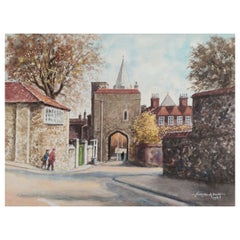 Retro 20th Century Traditional English Painting Rochester Cathedral Priory Gate, Kent