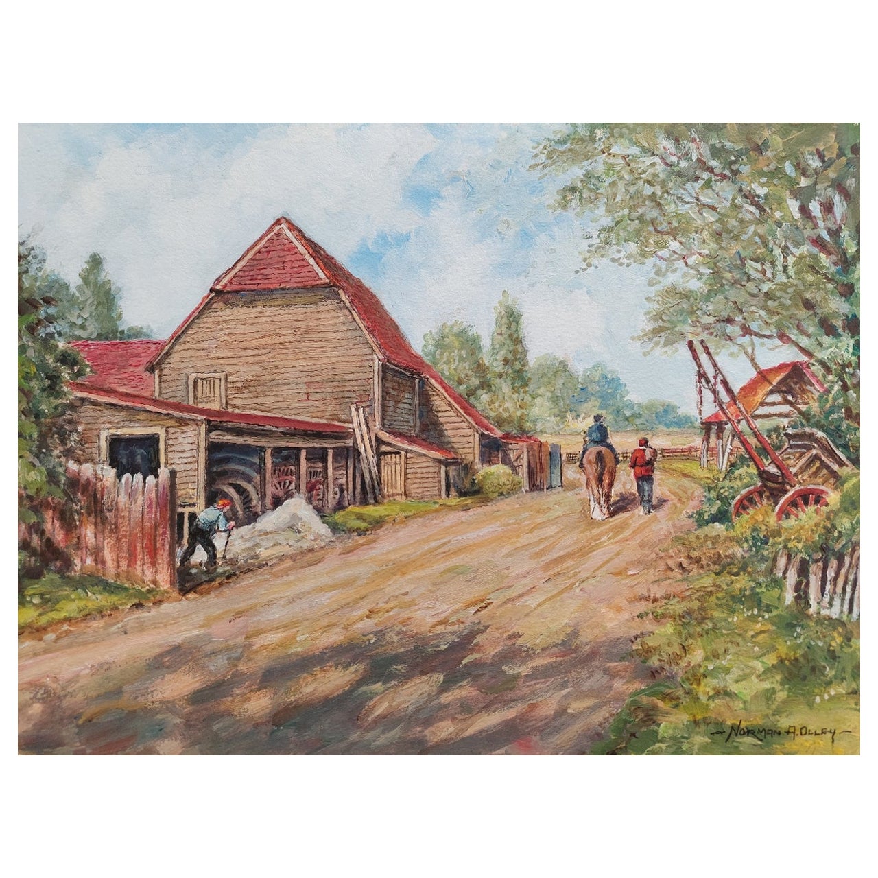 Peinture anglaise traditionnelle du 20ème siècle représentant une ferme à Claygate, Surrey