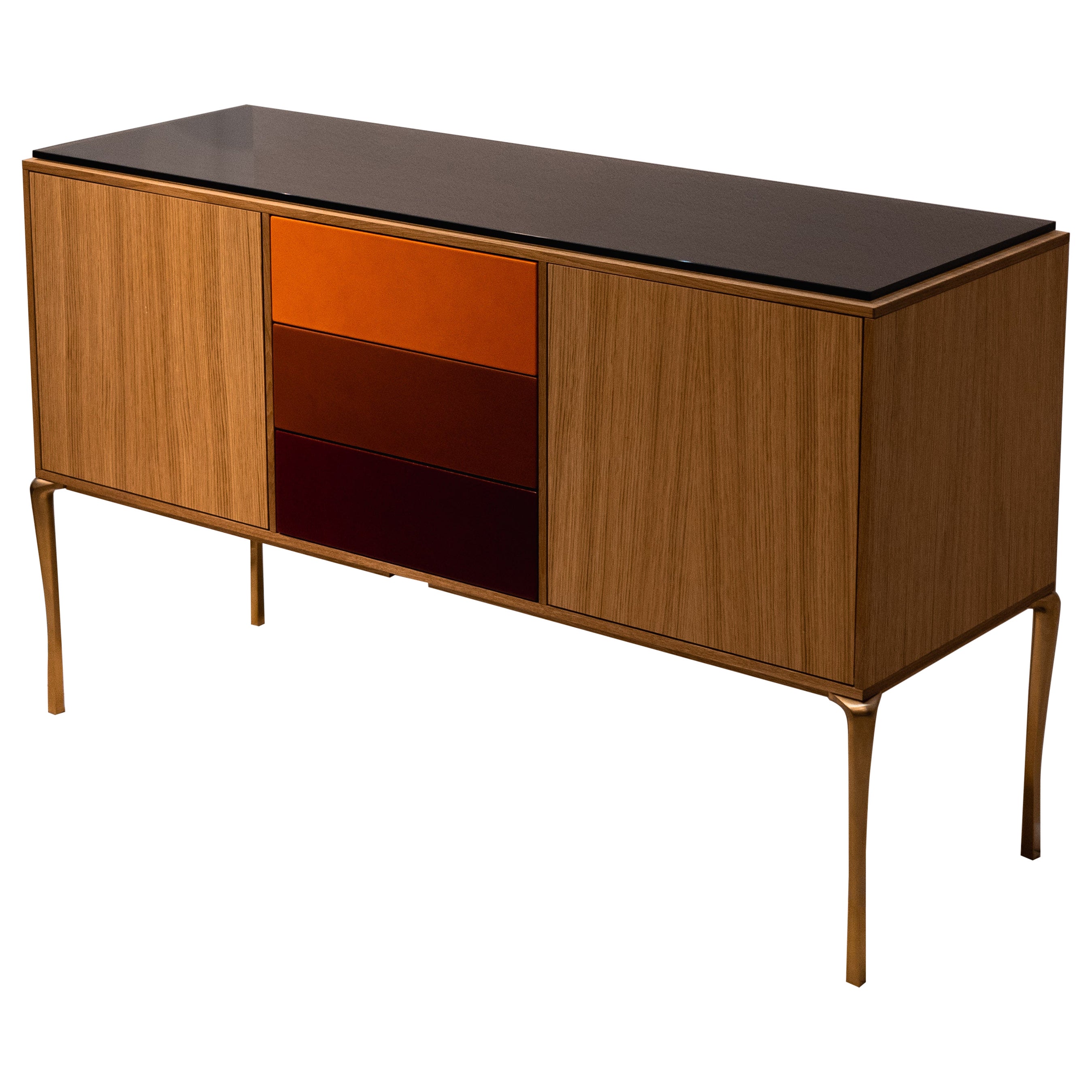Copenhagen Console, Natural Oak Frame and Leather Drawers w. Solid Brass Legs For Sale