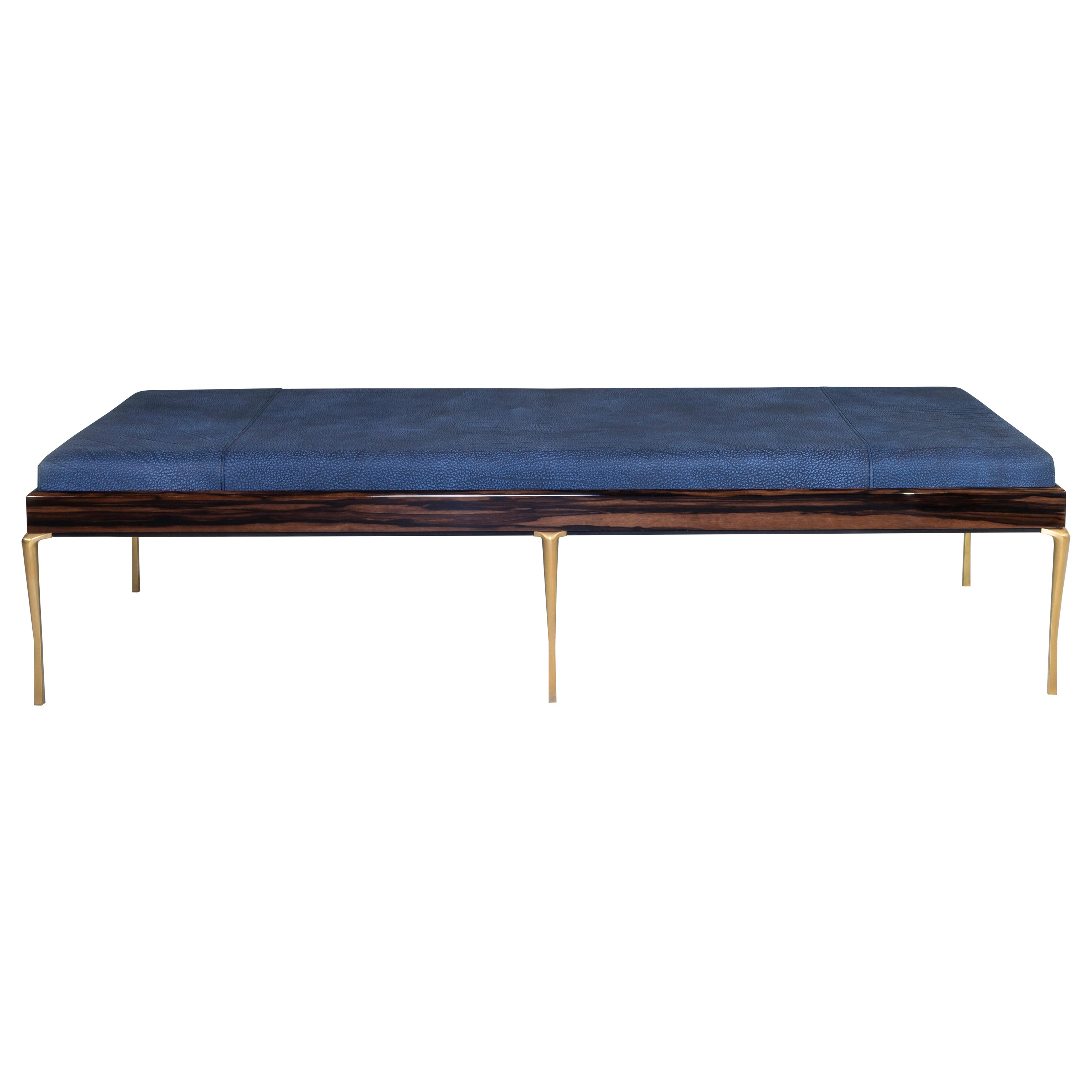 Copenhagen Daybed, Macassar Wood, Cobalt Leather and Brass Legs For Sale