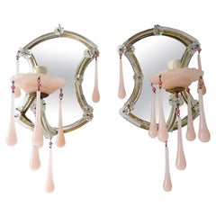 Antique French Pink Opaline Drops Mirror Murano Glass Sconces, circa 1920