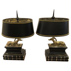 Pair of Marvelous Brass Greyhound Dog Table Lamps Resting on Leather Books