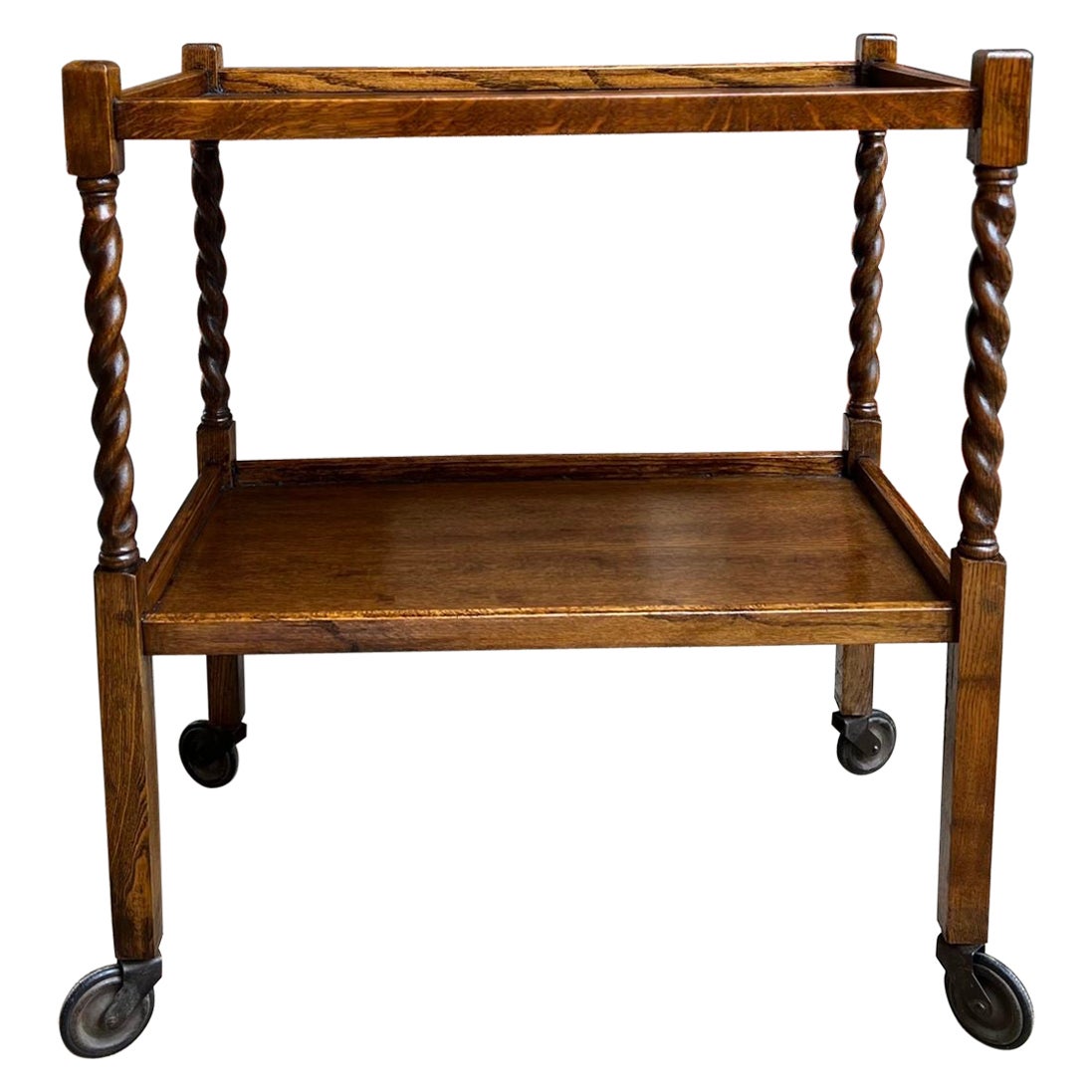 Antique English Tea Trolley Drinks Cart Tiger Oak Barley Twist Cocktail Table