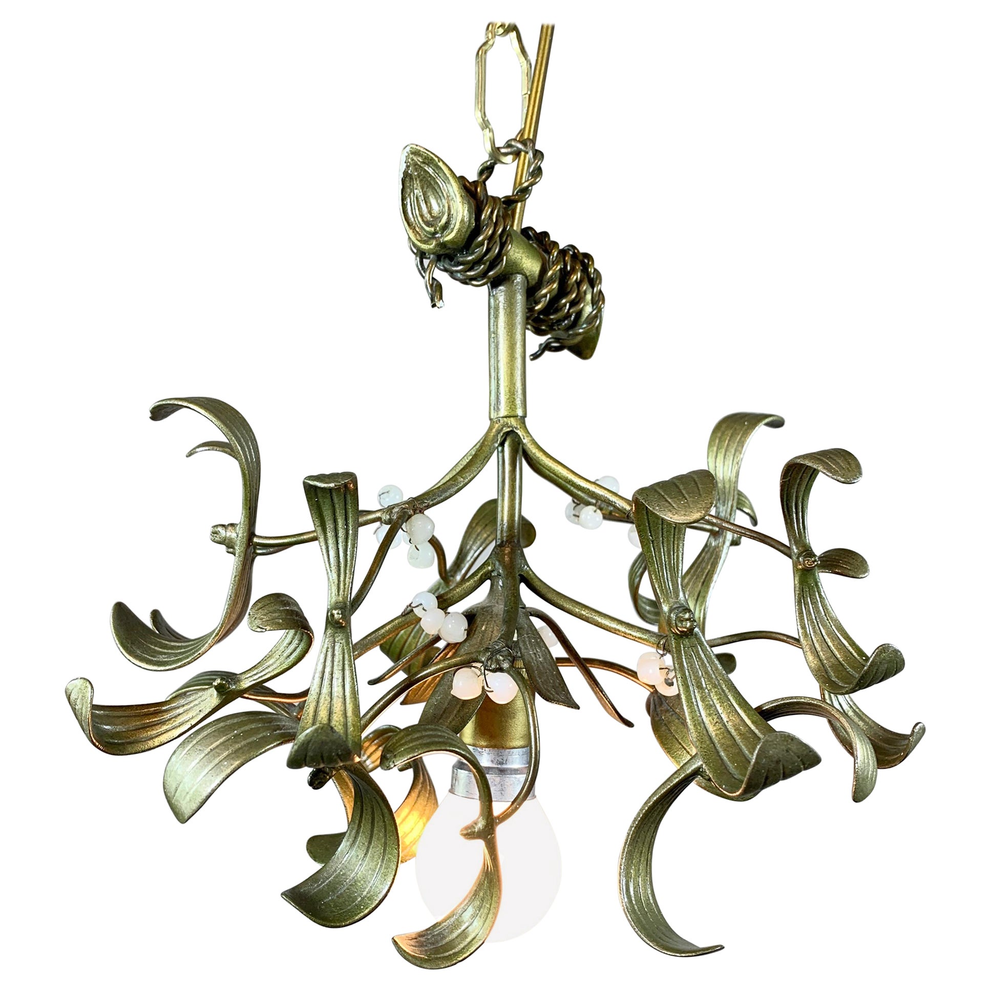 French Art Nouveau Green Bronze Mistletoe Chandelier For Sale