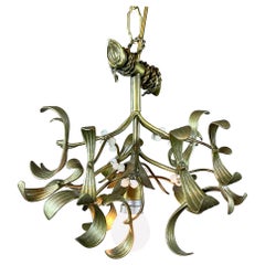 Antique French Art Nouveau Green Bronze Mistletoe Chandelier