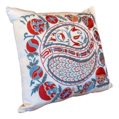 Vintage Uzbekistan Suzani Cushion Made of Silk and Cotton Fabric in Bright Colours