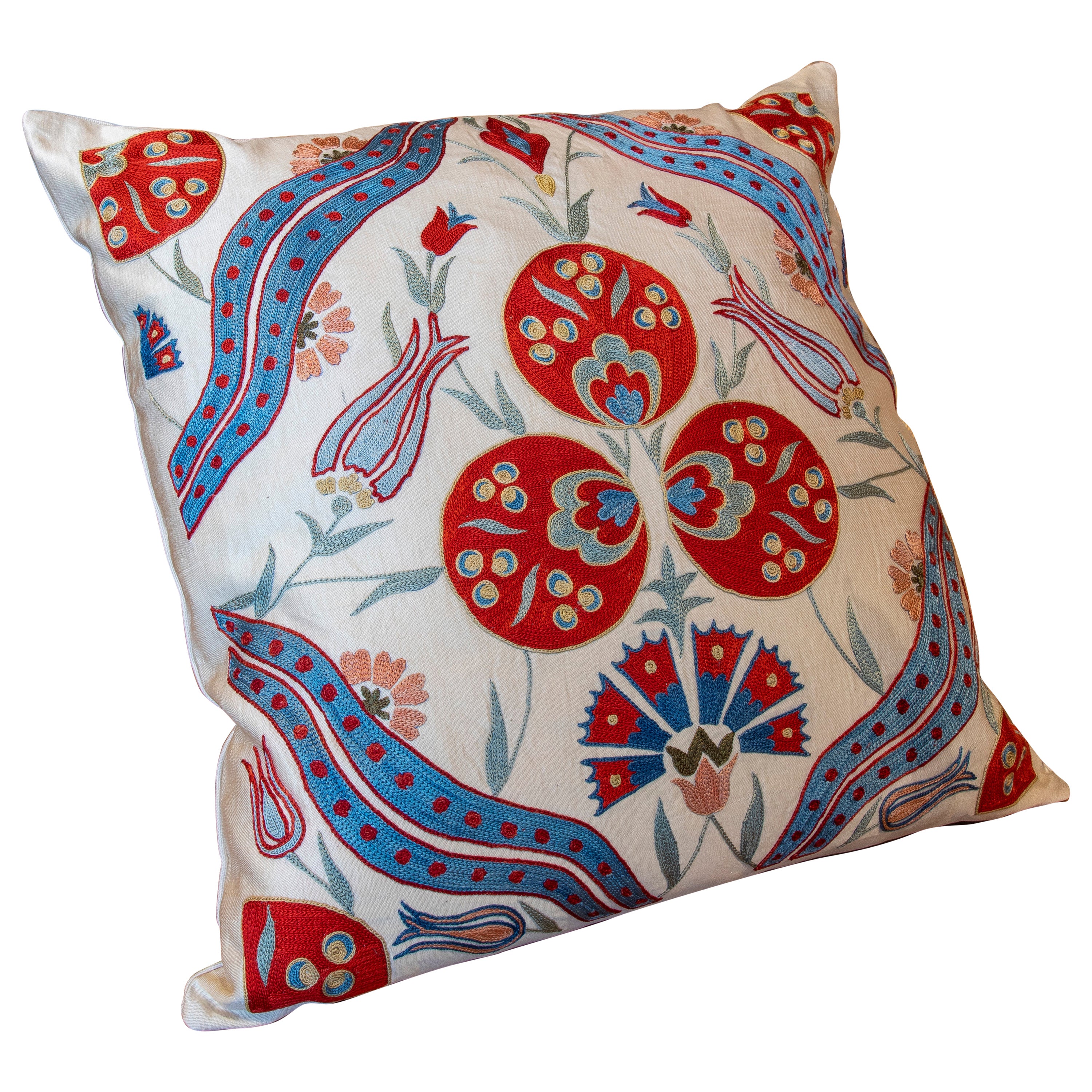 Uzbekistan Suzani Cushion Made of Silk and Cotton Fabric in Bright Colours