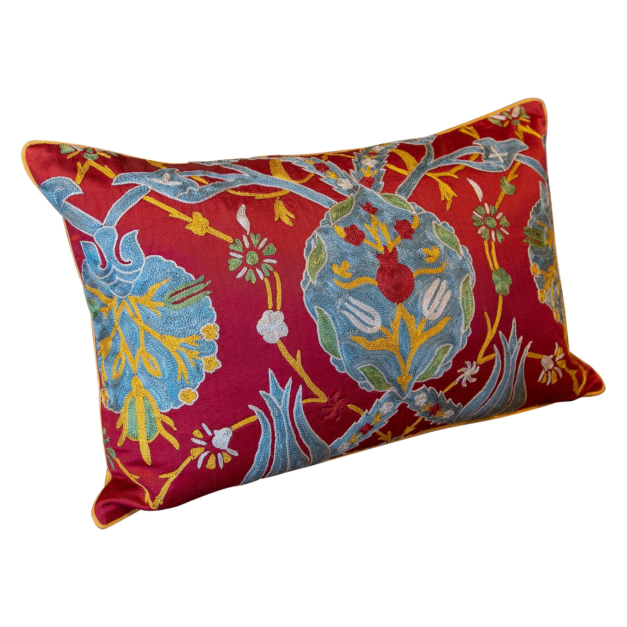 Uzbekistan Suzani Cushion Made of Silk and Cotton Fabric in Bright Colours