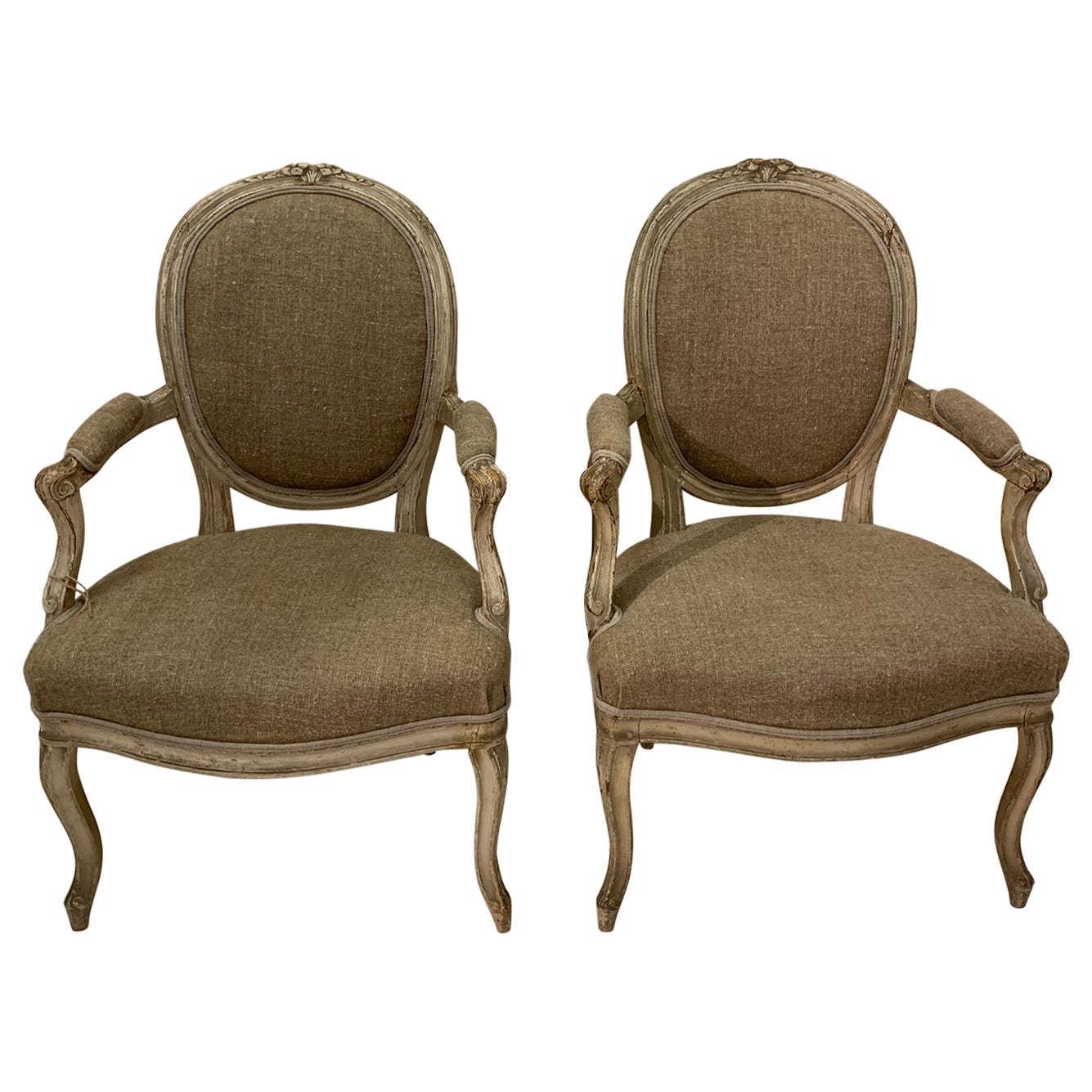 Pair of 19th Century French Fauteuils Louis XVI Style Upholstered Armchairs For Sale