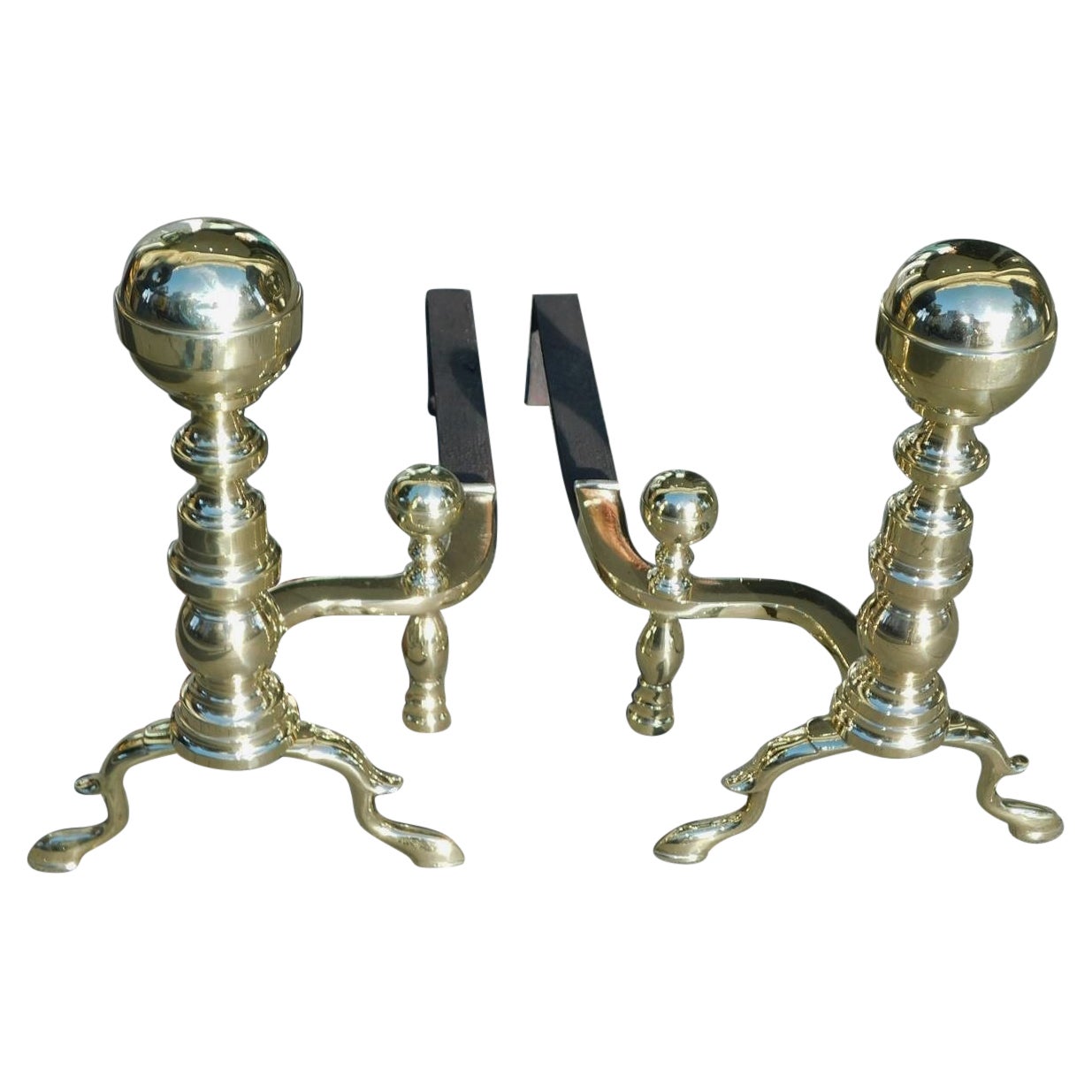 Pair of American Brass Ball Finial Andirons with Matching Log Stops, Circa 1800 For Sale