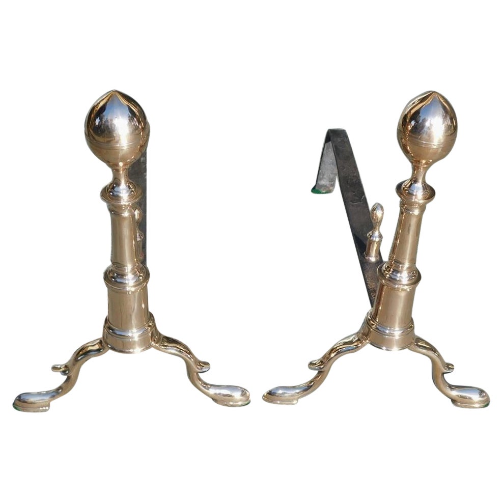 Pair of American Bell Brass Lemon Finial Andirons with Matching Log Stops C 1790 For Sale