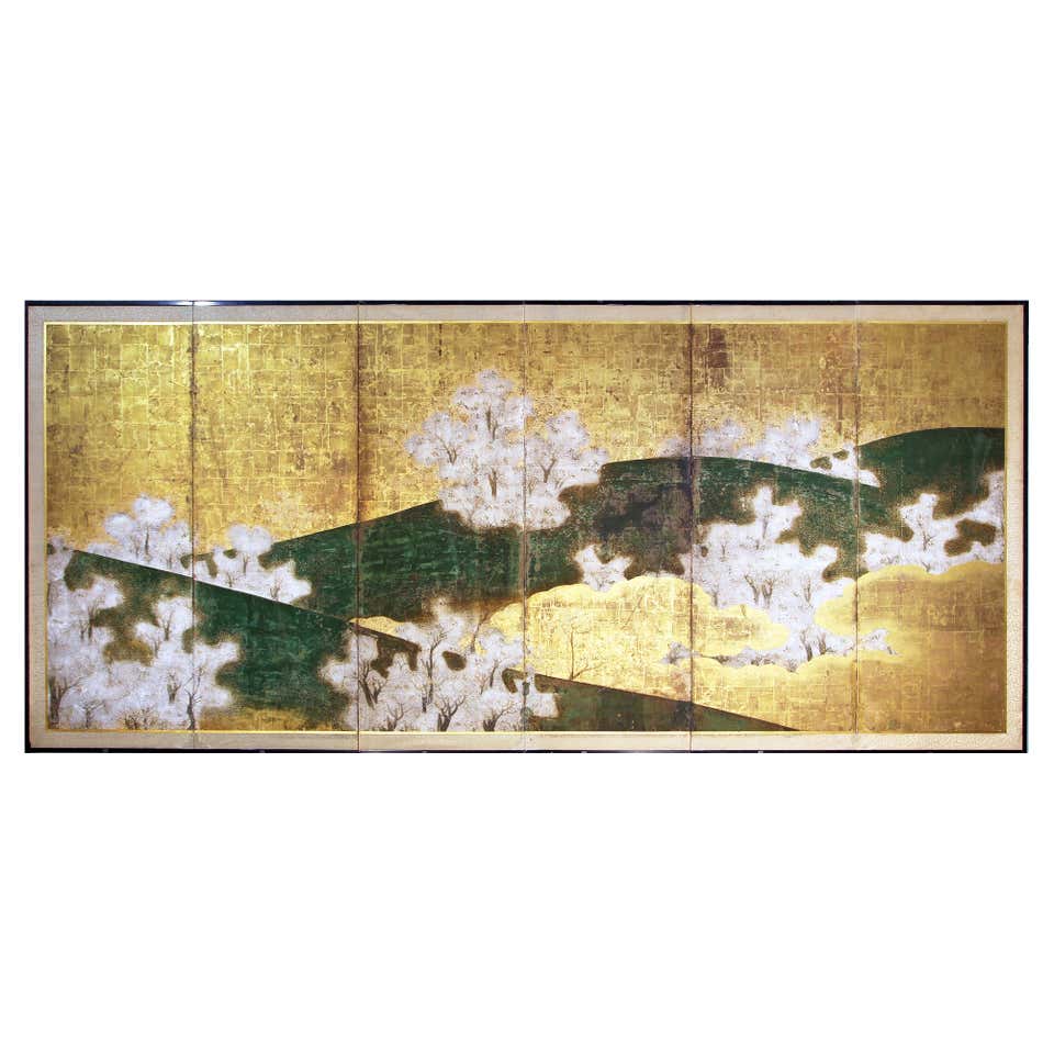 Japanese Screen, Four Panels Japanese Screen on Spring Gold Leaf at 1stDibs