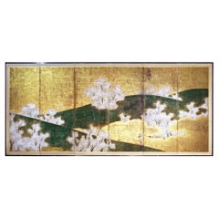 Antique Edo Japanese Folding Screen Hand Painted on Gold Leaf