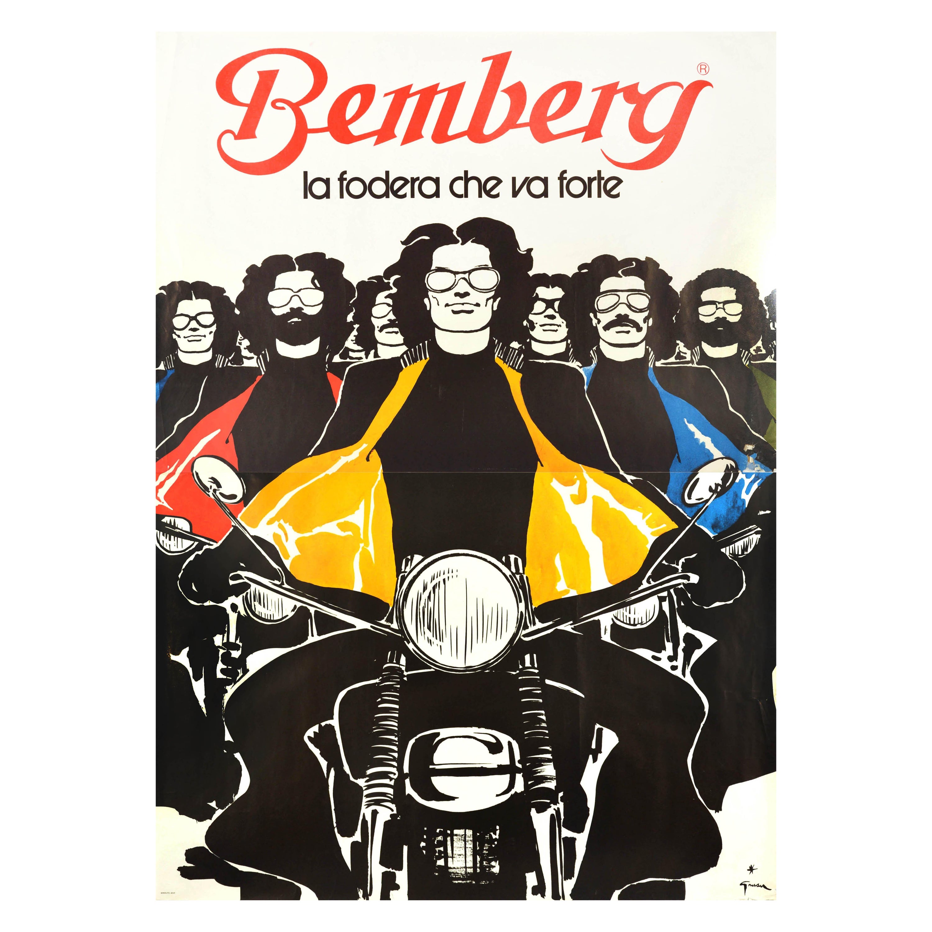 Original Vintage Fashion Advertising Poster Bemberg Motorcycle Rene Gruau Design For Sale