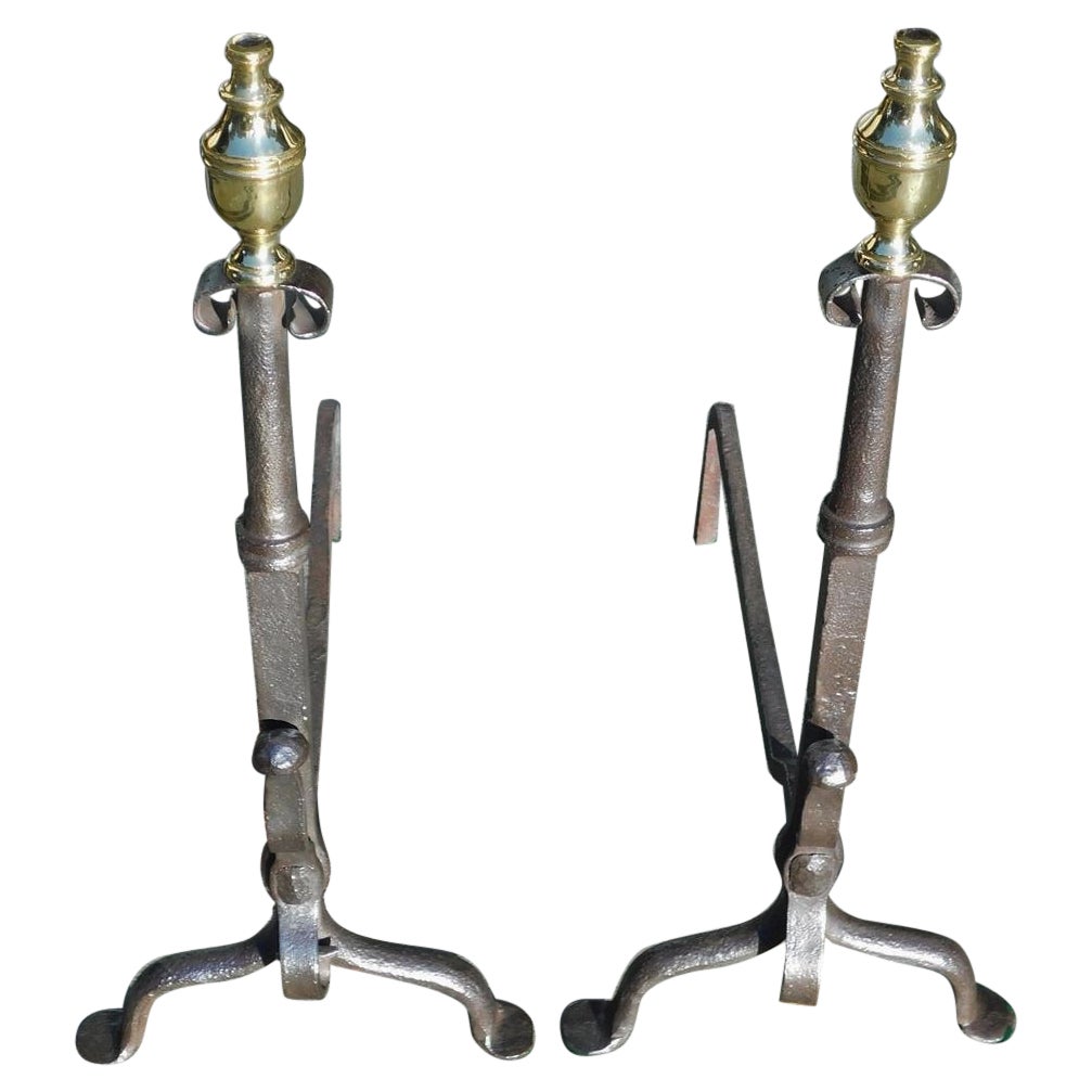 Pair of American Wrought Iron & Brass Urn Final Andirons with Penny Feet, C 1790 For Sale