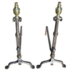 Antique Pair of American Wrought Iron & Brass Urn Final Andirons with Penny Feet, C 1790