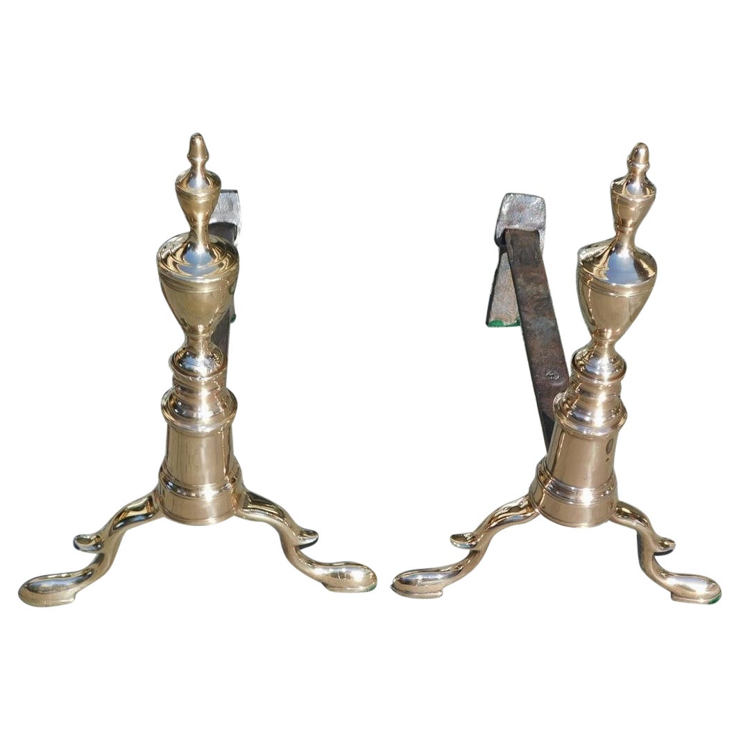 Pair of American Bell Brass Double Urn Finial Andirons with Slipper Feet C 1790